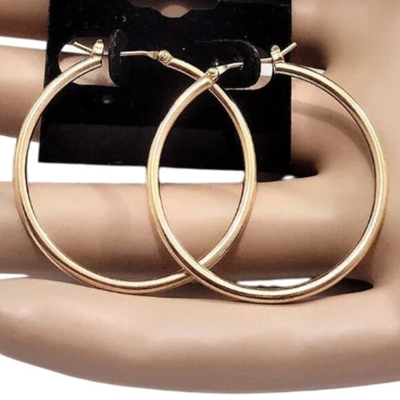 1 3/8 Inch 35mm Tube Hoop Pierced Post Earrings Gold Tone - Picture 5 of 6